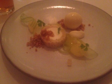 Celery cream cake with apple sorbet, walnut crumble