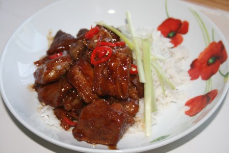 Red braised ginger pork belly with pickled chillies